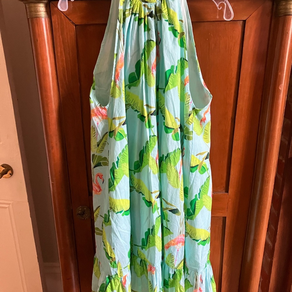 Holly Shae "Sydney" tropical flamingo print sleeveless halter mini dress Sz M/L